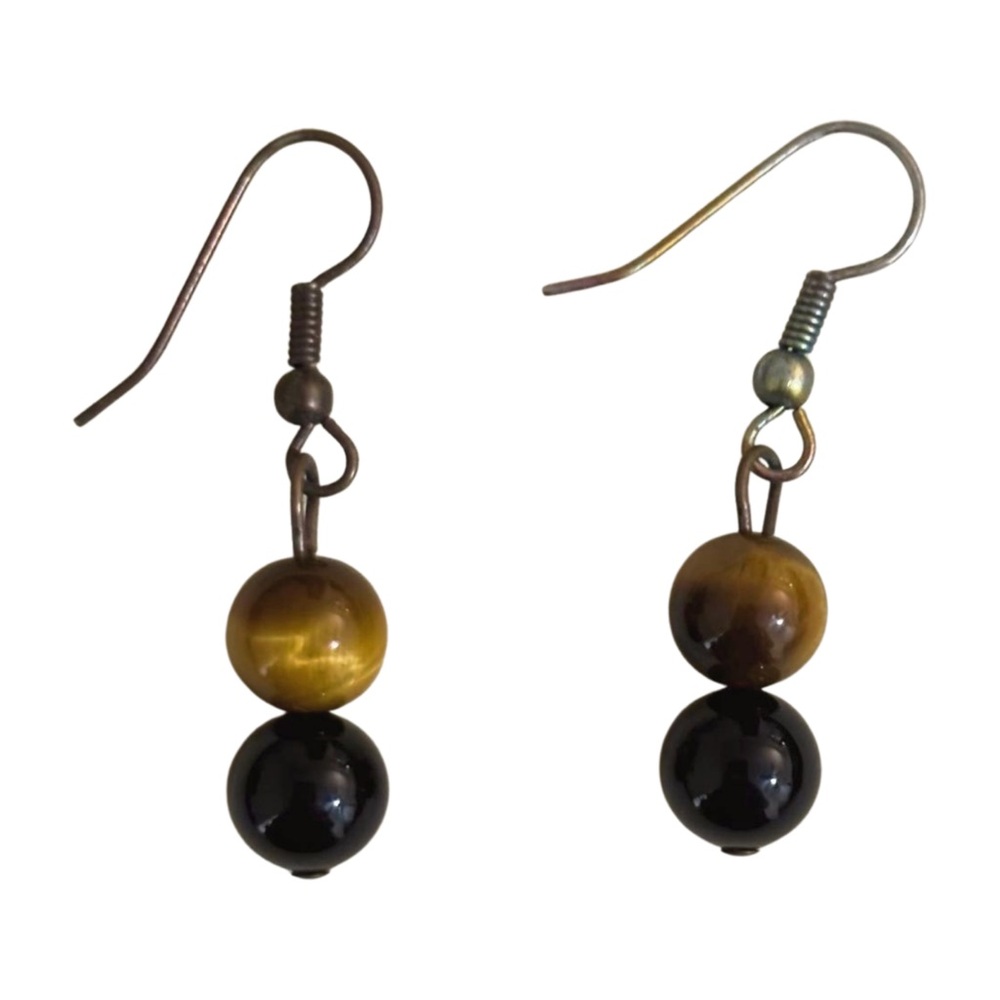 Vintage Handmade Tiger’s Eye Beaded Dangle Earrings - Natural Stone Boho Drop